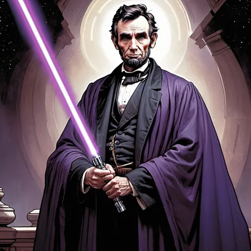 Prompt: Abraham Lincoln wearing a jedi robe and wielding a purple lightsaber.
Mark Brooks and Dan Mumford, comic book art, perfect, smooth