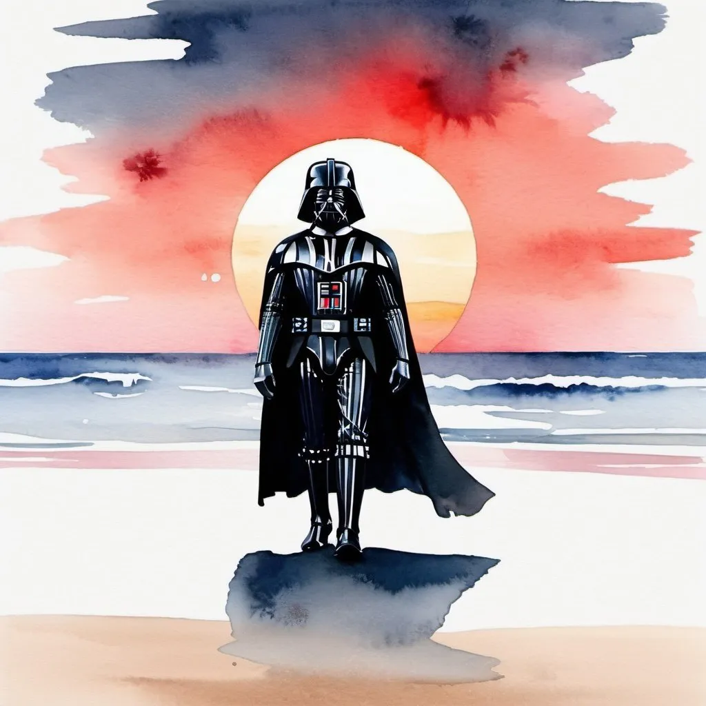 Prompt: Minimalist abstract watercolor, Darth Vader watercolor, beach, sunset
16k resolution