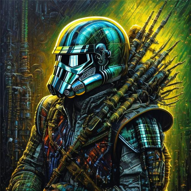 Prompt: "| hyperdetailed: maximalist luminous plaid pattern ::| Stunning masterpiece::| Jonas De Ro: russ mills: H.R. Giger: Josephine Wall: Michael Page::| green and yellow plaid tartan Star Wars stormtrooper"
Weight:1   
"oil painting by James Gurney"
Weight:0.9