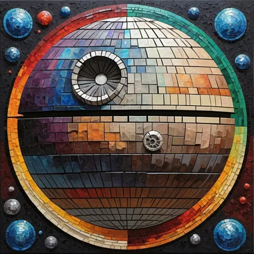 Prompt: Beautiful rustic Death Star mosaic patchwork, sharp, focused, vibrant, colorful, clear image neo-impressionism expressionist style oil painting, smooth post-impressionist impasto acrylic painting, thick layers of colorful textured paint, 32k resolution, molecular precision, ultra sharp focus.