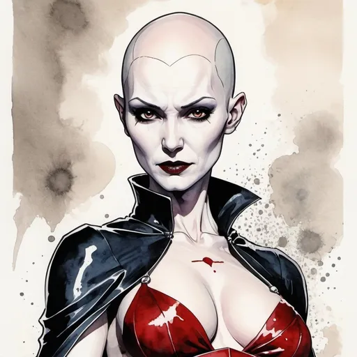 Prompt: Asajj Ventress (completely bald, pallid and pale skin)  as Vampirella, newsprint, blueprint film noir movie poster watercolor comic art, Ink splash, 32k resolution, molecular precision, ultra sharp focus.