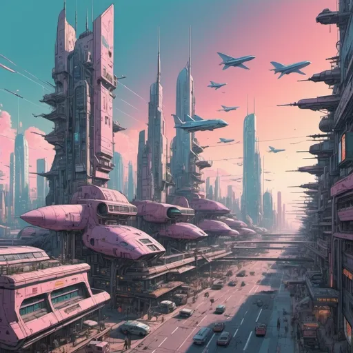 Prompt: (Cinematic)(Pretty)(Esthetic)(Creative)(Detailed)(Intricate)(Unique)(Intriguing)(Best_Quality) landscape of a cyberpunk city, (sky full of Future Aircrafts :1.5), in a moebius style, in a retro scfi comic book style, pastel colors, hyper detailed. 32k resolution, molecular precision, ultra sharp focus.