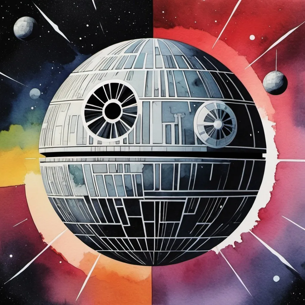 Prompt: "Watercolor of Death Star in space ala Charley Harper"
Weight:1   

"Screen print, pop art, splash screen art, triadic colors, digital art, 32k Resolution, Molecular Precision, trending on Artstation, golden ratio, symmetrical, rule of thirds, geometric bauhaus"
Weight:0.9
