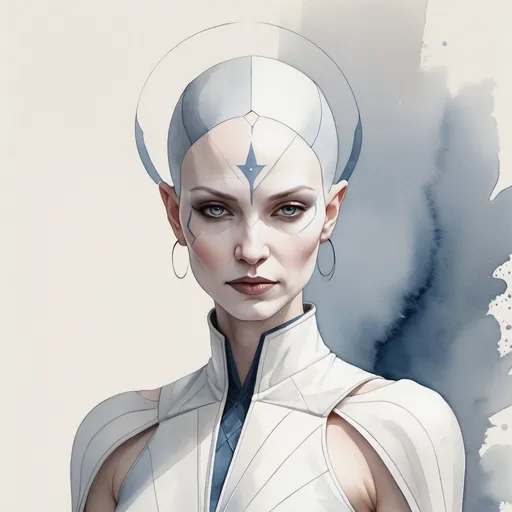 Prompt: An exquisite minimalist illustration showcases a serene and harmonious Asajj Ventress, exuding tranquility in her pose and expression. With a soft color palette of light grey, off-white, subtle gold, and blue, the design emanates modern minimalism. The subject, adorned in fashionable attire, is portrayed with clean lines and an ethereal quality, capturing the essence of refined elegance. The background is minimal and harmonic, allowing the subject to be the focal point of the captivating artistic poster. Watercolor, trending on artstation, sharp focus, studio photo, intricate details, highly detailed, by greg rutkowski. 32k resolution, molecular precision.