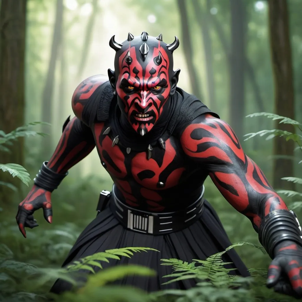 Prompt: A hyper-realistic 3D image of Darth Maul charging towards the camera in a densely detailed forest. The image features a long exposure zoom blur effect, emphasizing the speed and power of the lion as it moves. The forest around the lion is intricately detailed with various types of trees, rich undergrowth, and scattered light rays p*netrating through the foliage. The setting is designed to be ultra-realistic with a deep focus on texture and detail, rendered in high-resolution 32K