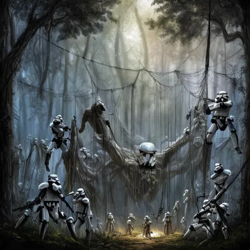 Prompt: (detailed, masterpiece, intricate) a group of stormtroopers caught in a (spider web, silk, cocoon), dark forest, detailed background, dark fantasy, ancient trees, multiple stormtroopers, massive spider in the web