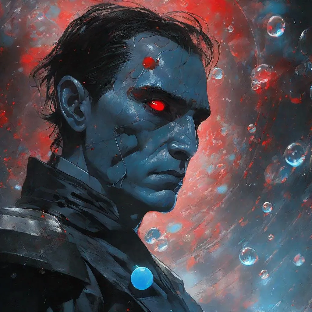 Prompt: (thrawn) from star wars with red eyes surrounded by black liquid stellar magical bath on bioluminescent black glow milky way death star, explosion of soap bubbles, soft lighting, sharp focus, by Marc Simonetti & Yoji Shinkawa & WLOP, paint drops, rough edges, trending on artstation, studio photo, intricate details, highly detailed