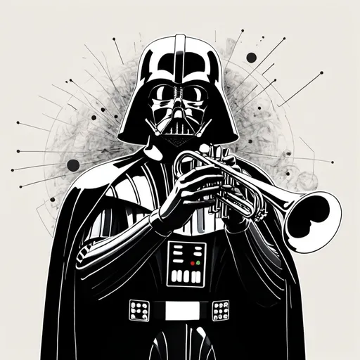 Prompt: "Sparse single line black ink pen single line drawing of Darth Vader holding a trumpet. Sparse abstract shapes in simple colors under single drawing"
Weight:1.3
"David Stone Martin subdued illustration of Darth Vader holding a trumpet painted in the style of David Stone Martin and Ben Shahn."
Weight:1.2
"Album art. ink pen and color. 32k resolution, molecular precision, ultra sharp focus.
Weight:1.1