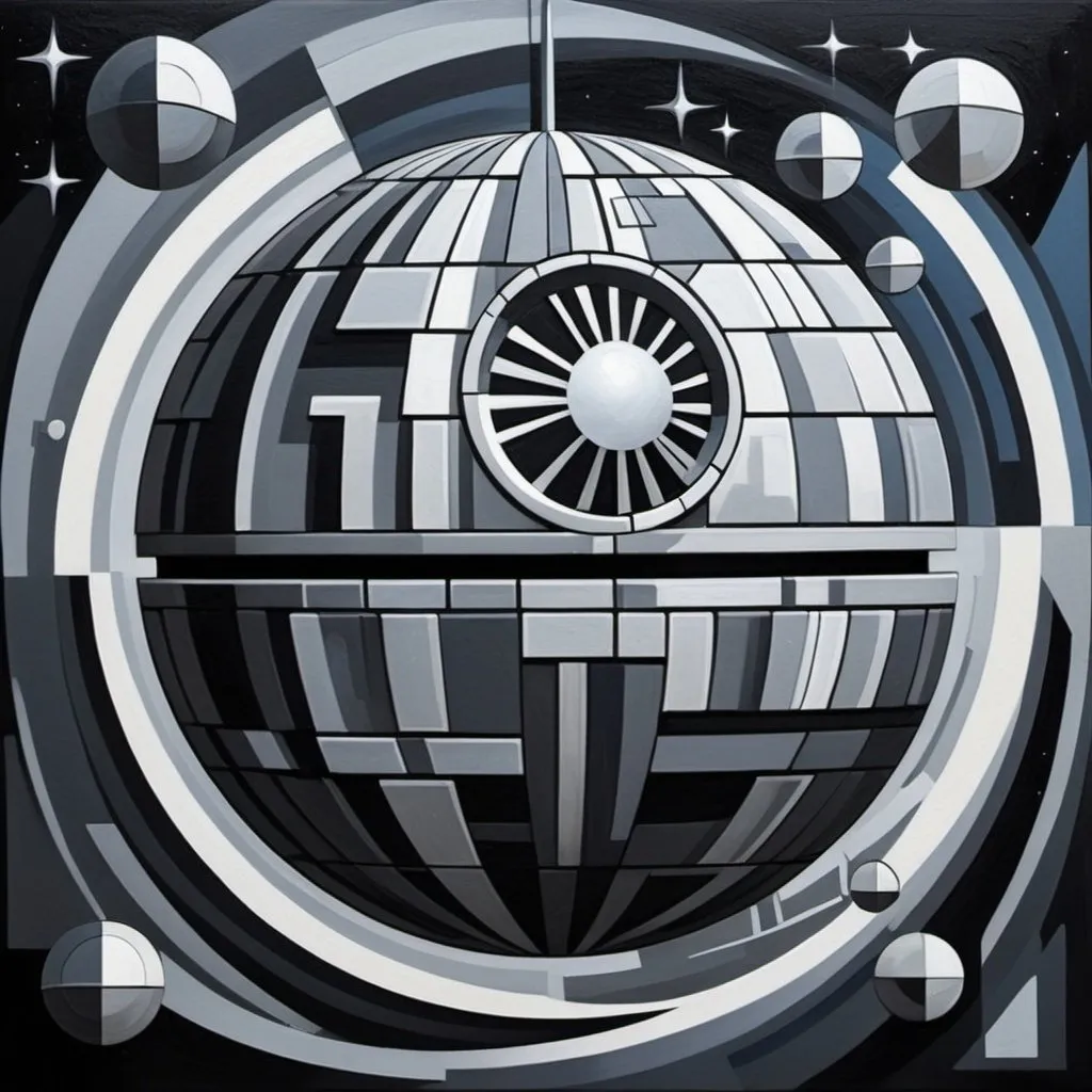 Prompt: Death Star painting in cubism style with silver and gray. It should be in outer space with gold stars on a dark blue expanse