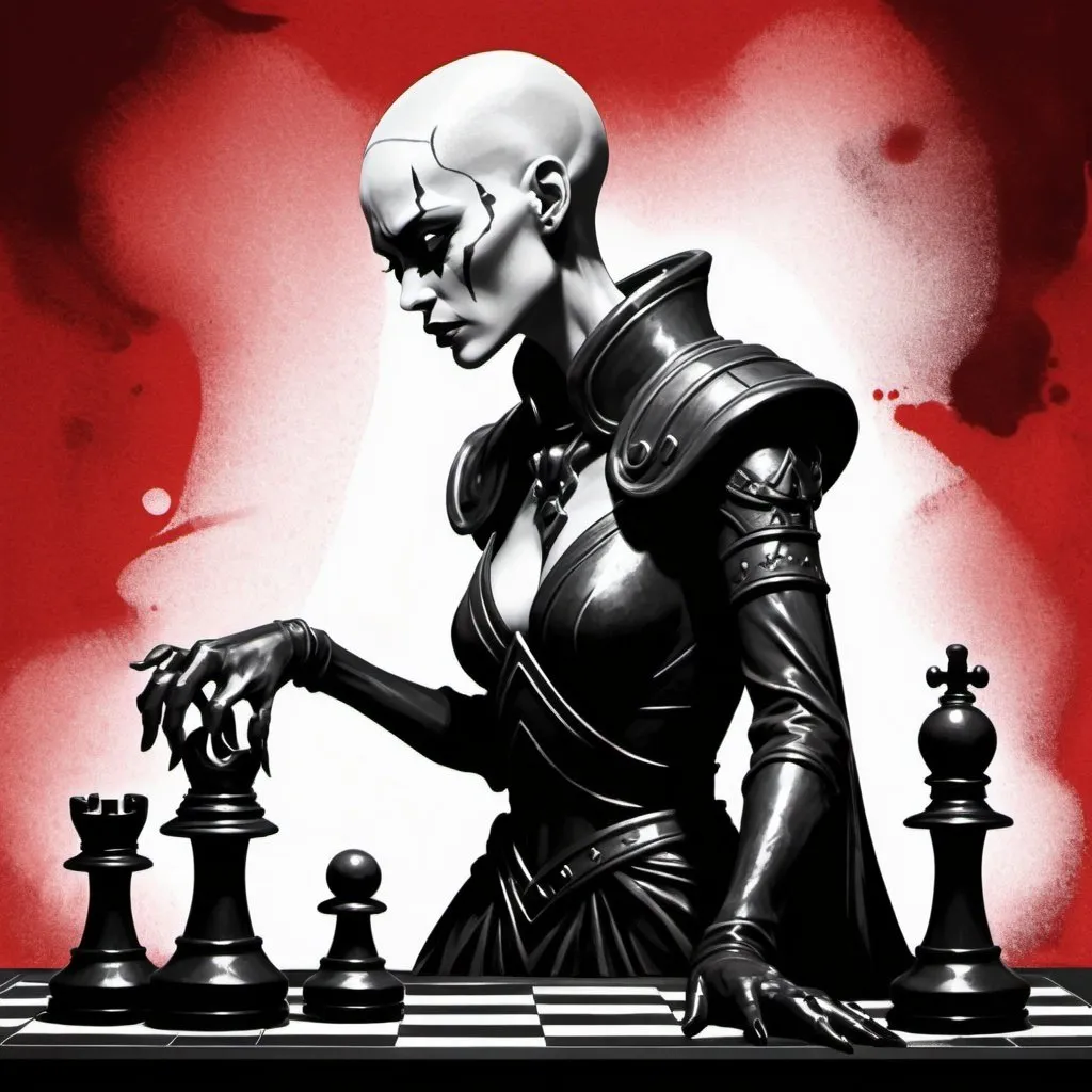 Prompt: (Silhouette:1.3), (Profile: 1.3), Asajj Ventress (completely bald, pallid and pale skin)as Queen piece and Skeletor (masters of the universe) as a knight piece on a Chess board, (chess pieces:1.3), whimsical illustration of a world based in a chess game, graffiti styled, wet washed, black smoke, best quality, close up, rough, sketch, bold heavy lines, highly stylized, Japanese ink, splash art, red paint splash, ink droplets, hand drawn, epic background., 32k resolution, molecular precision.