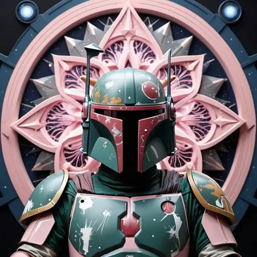 Prompt: Boba Fett who is growing from an eight pointed star in the center, growing like a biomechanical organism, pale pink, black and metallic silver, like a living organism, shining bright, growing in symmetrical designs and arabesques, adorned with blue lights, digital art, masterpiece, highly detailed, 3d modeling, abstract art, digital art, photographic, 32k resolution, molecular precision, ultra sharp focus.

