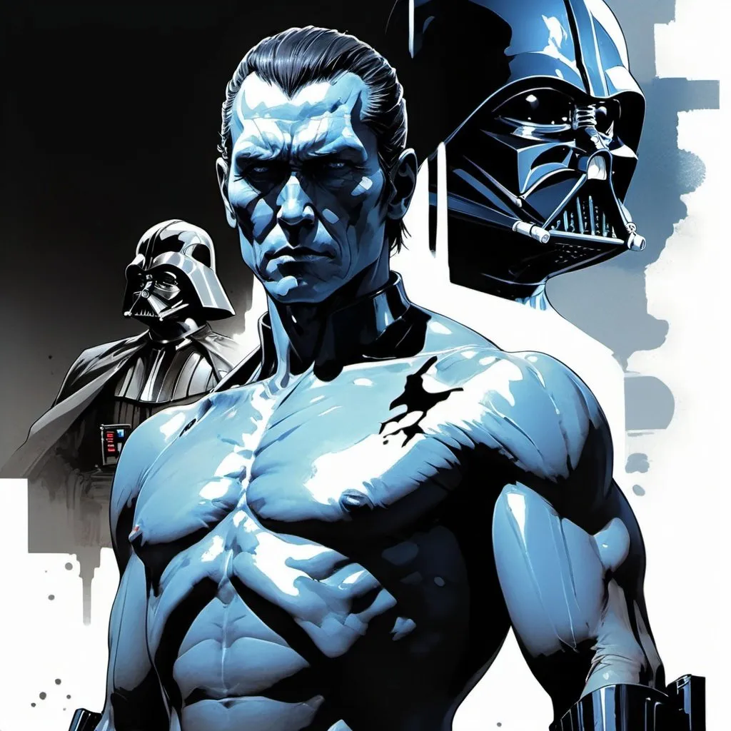 Prompt: "Movie Poster, metaverse Dreamweaver comic art (((Yoji Shinkawa))), sticker of ultra detailed image of Thrawn from Star Wars with a Darth Vader tattoo on his right shoulder. High quality cell shaded illustration in post apocalyptic style by Yoji Shinkawa, dynamic pose, perfect anatomy, centered, freedom, soul, approach to perfection, cell shading, 4k , cinematic dramatic atmosphere, watercolor painting, global illumination, detailed and intricate environment, artstation, concept art, fluid and sharp focus, volumetric lighting, cinematic lighting, Art by Yoji Shinkawa."