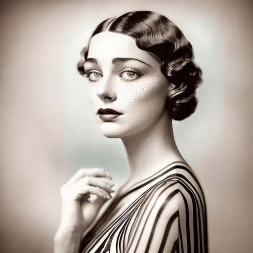 Prompt: Step-by-step, masterpiece, vintage photo, of jazz age woman, (wearing art deco striped see-through dress), ouvert, (detailed face), gorgeous eyes, [[makeup]], cute, (detailed skin), [freckles], textured, shallow depth of field, diffused soft lighting, photographed on a Sony a9 II, 100mm lens, F/2.8 aperture, sharp focus, 8k, absurdres, (highly detailed, intricate detail), (RAW), fashion photography award-winner, (full body:0.9)