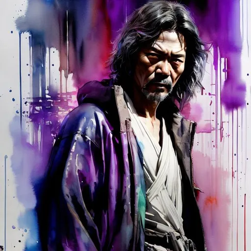 Prompt: Cyberpunk Jedi; dented, purple stormtrooper helmet; Jedi robes; intricate watercolor calligraphy; HDR mugshot by (yoji shinkawa, Moebius and krenz cushart); full body shot; Photorealism; hyperdetailed illustration; soft lighting; a masterpiece; CGsociety"
Weight:1 