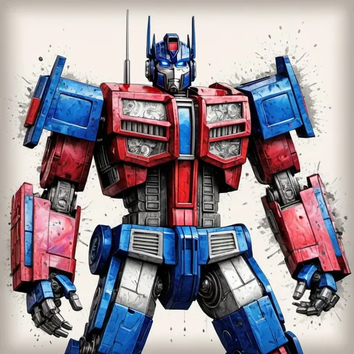 Prompt: Optimus Prime, vintage, old paper, dried ink, colorsplash, insanely detailed, paint drops, rough edges, trending on artstation, digital painting, intricate, extremely detailed, masterpiece, maximalist, 32k resolution, molecular precision.