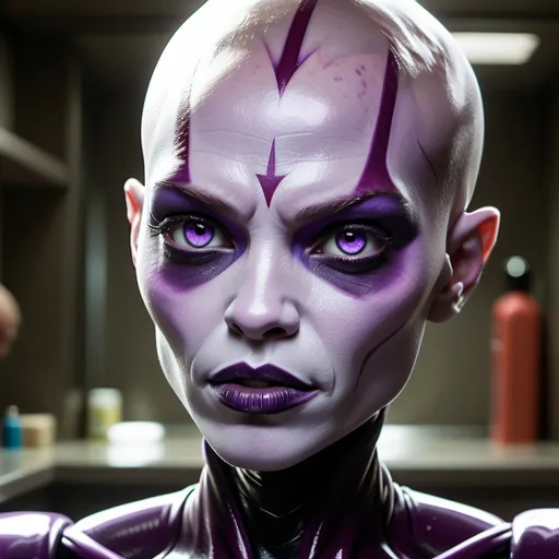 Prompt: in a public bathroom, Genndy Tartakovsky , pretty, tender, ephemeral, asajj ventress (COMPLETELY BALD! PALE AND PALLID SKIN!), intricate, body builder, hyperdetailed, hyperrealistic, flust, purple body suit, light purple eyes, Dark purple lipstick, lustful expression, mischievous, up to no good, arrogant, 32K resolution, molecular precision, ultra sharp focus.