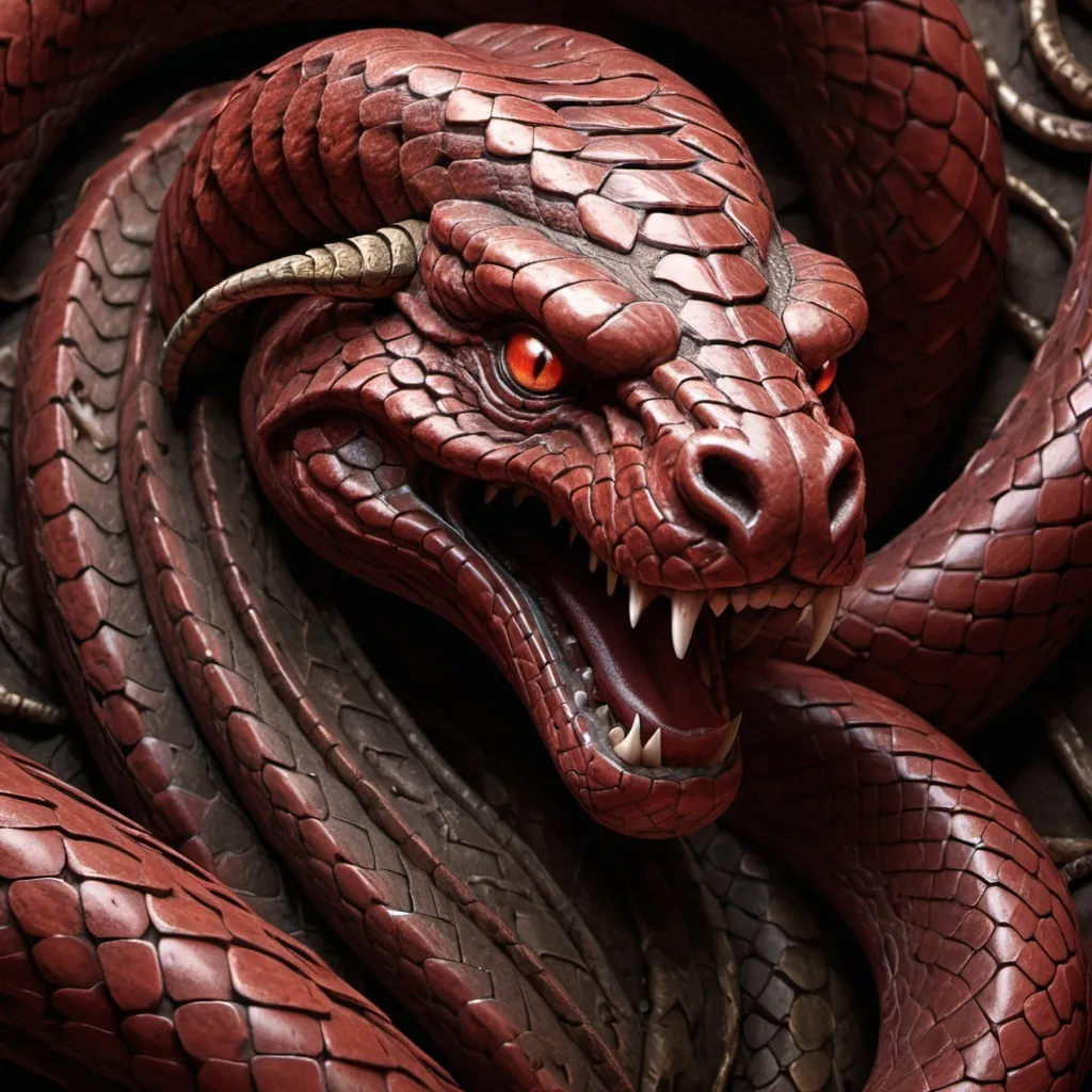 Prompt: (close-up old drawing of the snake king), building, Dark sienna and Blood red highlights, 32k resolution, molecular precision, ultra sharp focus