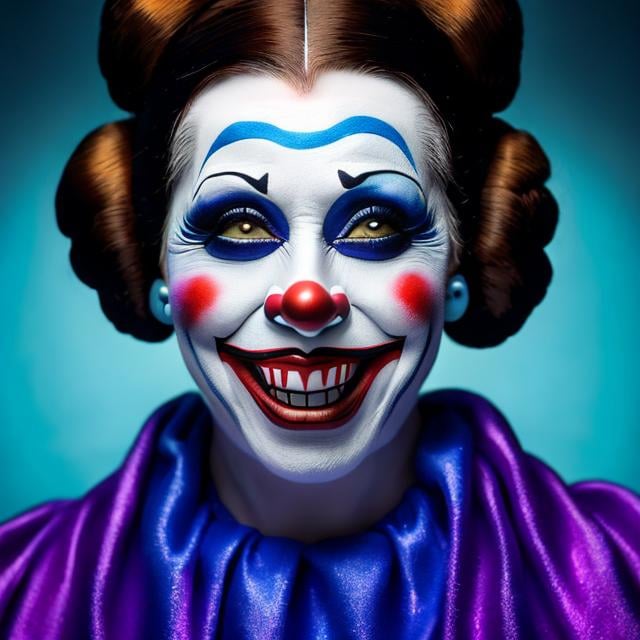 Prompt: "Princess Leia as a very creepy,  evil clown smiling manically with a wild grin and raised eyebrows and intense eyes. Blue clown make-up surrounding her eyes, Wide red clown make-up painted into a crazy smile. Purple clown make-up shaped into diamonds painted on her cheeks. She's coming out of a rainy window cinematic"
Weight:1  

"Hyperrealistic, splash art, concept art, mid shot, intricately detailed, color depth, dramatic, 2/3 face angle, side light, colorful background"
Weight:0.9 