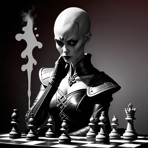Prompt: (Silhouette:1.3), (Profile: 1.3), Asajj Ventress (completely bald, pallid and pale skin)as Queen piece and Skeletor (masters of the universe) as a knight piece on a Chess board, (chess pieces:1.3), whimsical illustration of a world based in a chess game, graffiti styled, wet washed, black smoke, best quality, close up, rough, sketch, bold heavy lines, highly stylized, Japanese ink, splash art, red paint splash, ink droplets, hand drawn, epic background., 32k resolution, molecular precision.