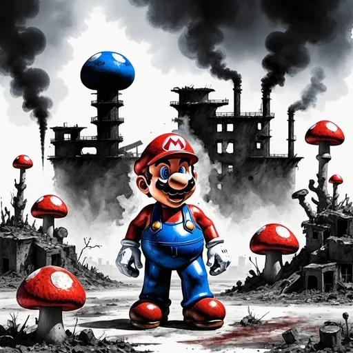 Prompt: Rugged live action Super Mario scouring the desolate wasteland for resources. Burning dystopian buildings with mushroom rooftops. Wet grunge black, red, blue ink abstract shape brush mark on white watercolor paper sketch illustration, 32k resolution, molecular precision, sharp focus