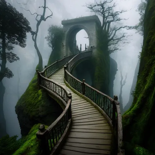 Prompt: "Enchanting cinematic film still of Multiple winding paths leading to mysterious and fantastical Bridge. Misty, Serene but dim atmosphere."
Weight:1
"Amazingly hyperdetailed, a masterpiece, ethereal, photorealistic, 8k resolution, 64 megapixel, HDR, detailed, intricatetly detailed."
Weight:0.9

"ugly, tiling, poorly drawn hands, poorly drawn feet, poorly drawn face, out of frame, extra limbs, disfigured, deformed, body out of frame, blurry, bad anatomy, blurred, watermark, grainy, signature, cut off, draft"
Weight:-0.3 