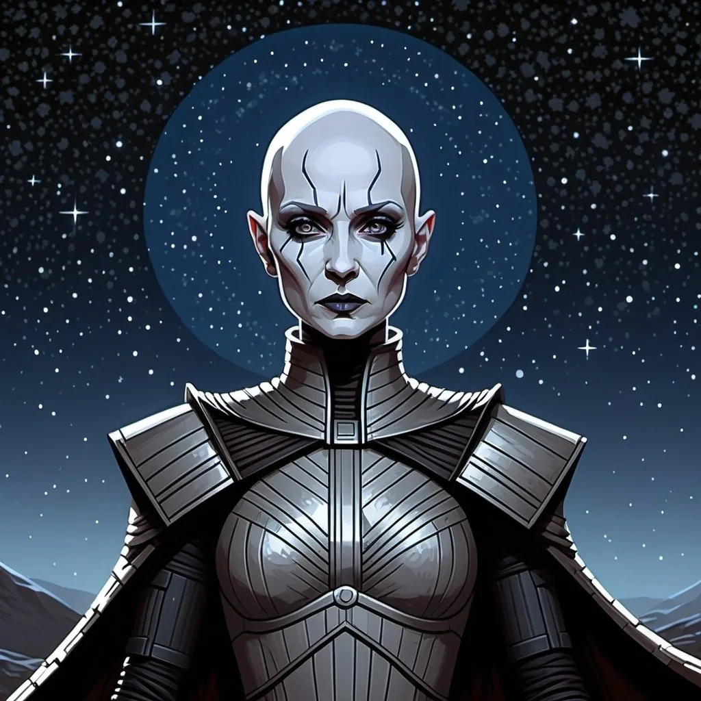 Prompt: pixel art Asajj Ventress (completely bald, pallid and pale skin) in starry moonscape monochromatic, 32k resolution, molecular precision