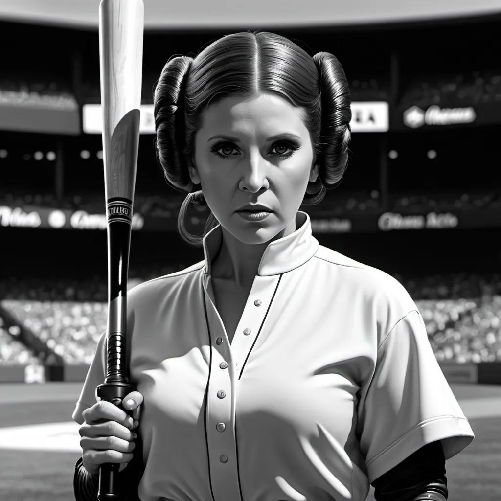 Prompt: Princess Leia at bat, baseball home plate, black and white still, digital Art, perfect composition, beautiful detailed intricate insanely detailed octane render trending on artstation, 8 k artistic photography, photorealistic concept art, soft natural volumetric cinematic perfect light, chiaroscuro, award - winning photograph, masterpiece, oil on canvas, raphael, caravaggio, greg rutkowski, beeple, beksinski, 