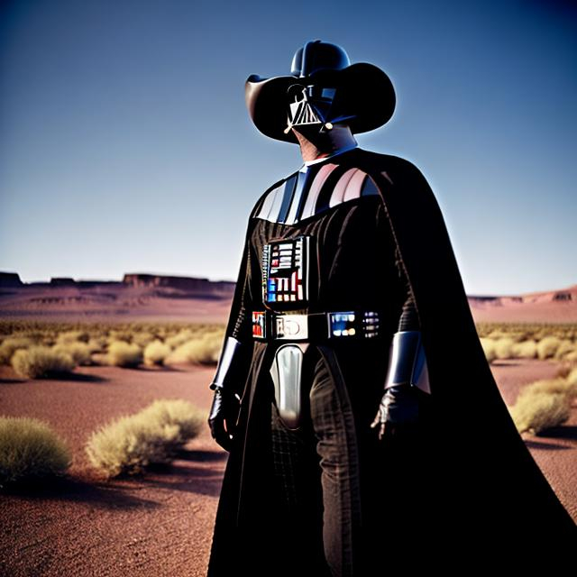 Prompt: "Darth Vader wearing a what cowboy hat and brown cowboy duster coat. Dusty ghost town with tumble weeds and broken carts and stage coaches in the backgroun."
Weight:1.5

"Cinematic shot, photos taken by sony, incredibly detailed, sharpen, details, professional lighting, HDR, 8K resolution, 64 megapixels, photography lighting, 50mm."
Weight:1

"ugly, extra limbs, extra fingers, mangled, deformed."
Weight:-2