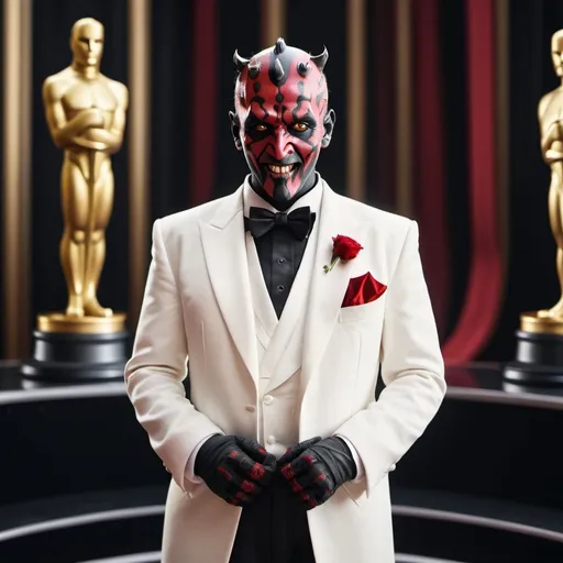 Prompt: "A full body cinematic film still of a screen accurate Darth Maul smiling and wearing a sharp white tuxedo with black tie and red pocket square at the Oscars"
Weight:1.5

"intricate details, HDR, beautifully shot, hyperrealistic, sharp focus, 64 megapixels, 16k resolution, shot on DSLR, perfect composition, molecular precision, high contrast, cinematic, atmospheric, moody, photorealistic, hyper detailed, tilt shift, cinematic color film still. UHD.”
Weight:1.1