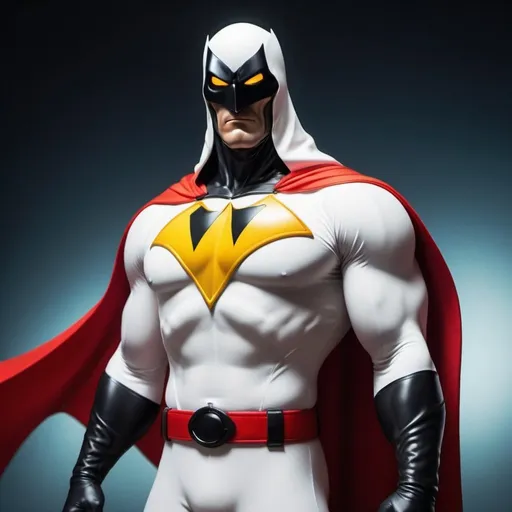 Prompt: Space_Ghost cartoon character, muscular superhero wearing white body suit and black cowl revealing only his mouth and chin, he wears a yellow cape that attaches to his white body suit at the collar bone where it meets an upside down red triangle with a silhouette of the hero's head, he wear a thick red belt around his waist, hyperrealistic, sharp focus, 64 megapixels, perfect composition, high contrast, cinematic, atmospheric, moody Cinematic film still, shot on v-raptor XL, film grain, vignette, color graded, post-processed, 35mm film,  best quality, 32k resolution, molecular precision, ultra sharp focus.