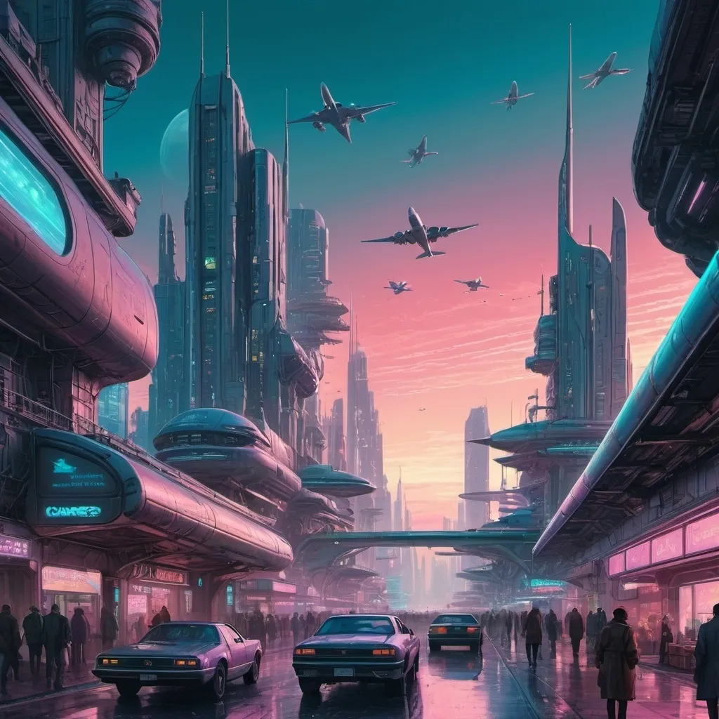 Prompt: (Cinematic)(Pretty)(Esthetic)(Creative)(Detailed)(Intricate)(Unique)(Intriguing)(Best_Quality) landscape of a cyberpunk city, (sky full of Future Aircrafts :1.5), in a moebius style, in a retro scfi comic book style, pastel colors, hyper detailed. 32k resolution, molecular precision, ultra sharp focus.