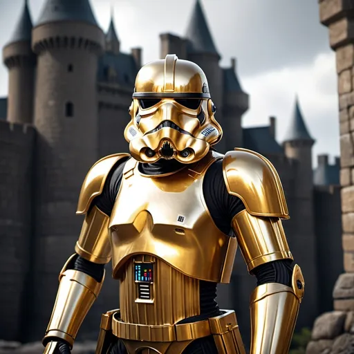 Prompt: "stormtrooper in gold plated armor, dynamic pose, exterior castle background, dark day."
Weight:1   

"3D Game Cinematic Feel, Epic 3D Videogame Graphics, Intricately Detailed, 32k resolution, molecular precision, ultra sharp focus, Dynamic Lighting, Unreal Engine 5, CryEngine, Trending on ArtStation, HDR, 3D Masterpiece, Unity Render, Perfect Composition"
Weight:0.9