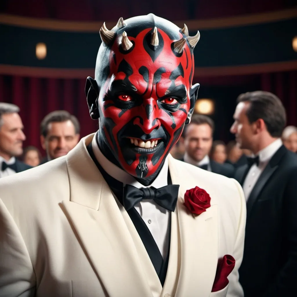 Prompt: "A cinematic film still of a screen accurate Darth Maul smiling and wearing a sharp white tuxedo with black tie and red pocket square at the Oscars"
Weight:1.5

"intricate details, HDR, beautifully shot, hyperrealistic, sharp focus, 64 megapixels, 16k resolution, shot on DSLR, perfect composition, molecular precision, high contrast, cinematic, atmospheric, moody, photorealistic, hyper detailed, tilt shift, cinematic color film still. UHD.”
Weight:1.1