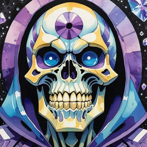 Prompt: Crystalline Skeletor. copic ink. Hyperdetailed. ⚓️🪷mixed media. Rosina Wachtmeister. Russell Mills, 32k resolution, molecular precision.