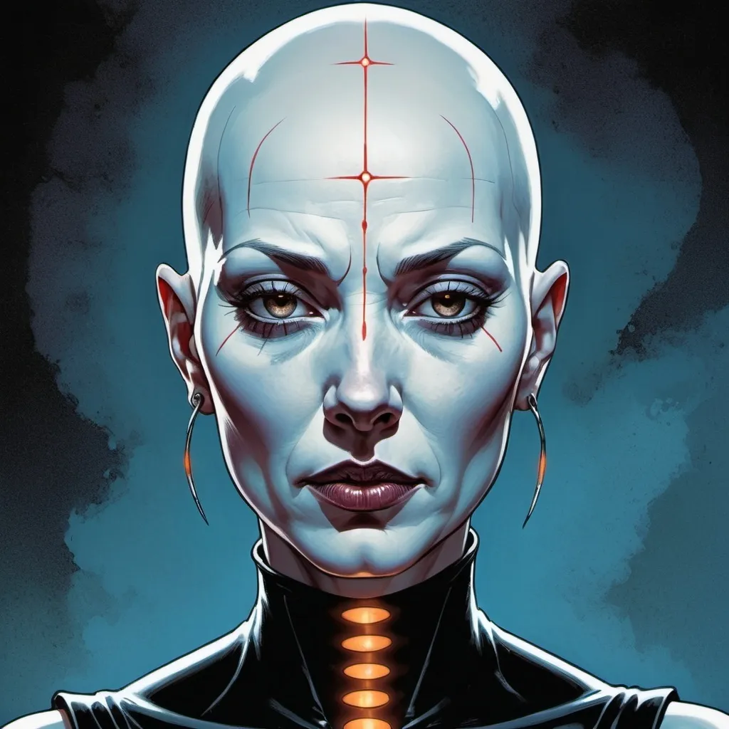 Prompt: Vintage sci-fi pulp comic illustration featuring Asajj Ventress (COMPLETELY BALD!) possessing radiant symmetry, bald and albino, illustrated with the guilloché half-toning technique boasting a four-color bold palette, channeling the styles of Virgil Finlay, Wallace Wood, and MOEBIUS, expressions are gritty and unrestrained, capturing anatomical precision, digital painting, dramatic lighting, ultra-clear. 32k resolution, molecular precision, ultra sharp focus.