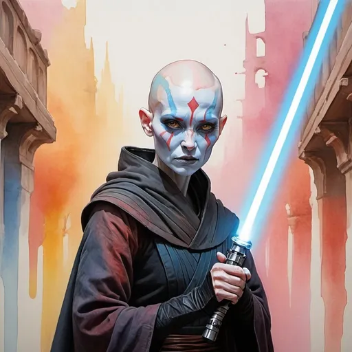 Prompt: Asajj ventress (Completely bald!, pallid and pale skin!, blue lines tattooed from bridge of nose to crown of skull!) attacking holding a light saber in the streets of naboo In the mist. Red, orange, pinks, and yellow Watercolors, Museum Epic, Impressionist, minimalist style, Thick Brush Strokes, Impasto Gouache, ultra thin layers of pastel watercolors textured on Canvas, by Derek Riggs, Matte Painting, paint is splotchy and erratic, 32k resolution, molecular precision, ultra sharp focus.