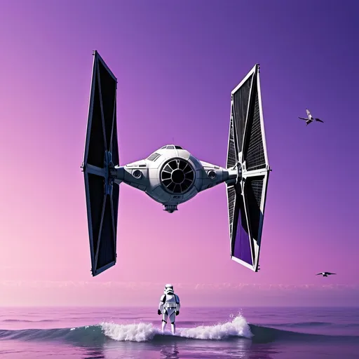 Prompt: 1stormtrooper, zyxch, TIE Fighter, outdoors, ocean, water, scenery, sky, bird, pink background, solo, shadow, purple theme, purple sky masterpiece, newest, absurdres, safe, 32k resolution, molecular precision. ultra sharp focus.