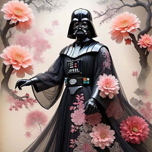 Prompt: Darth Vader wearing a tulle kimono, fashion-forward kimono made of tulle, colored ink on parchment, magnificent tulle flowers as decorations, accessories, etc., a surreal magical world, surreal intricate tulle and filigree background