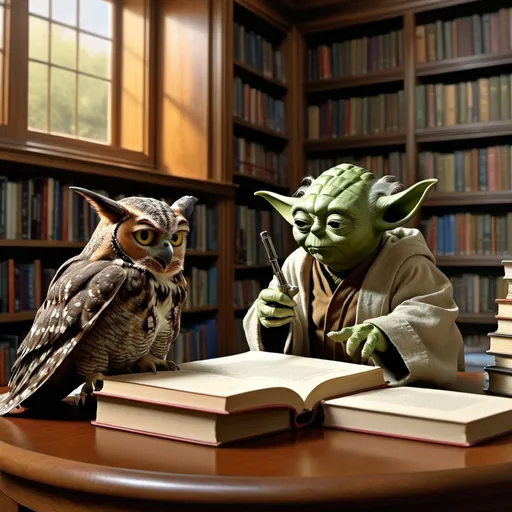 Prompt: (Yoda:1.7) in a library speaking to a (1great horned owl:1.5). They are in a library, books on shelves and stacked on tables. 32k resolution, molecular precision, ultra sharp focus. artwork done by Salvador Dalí, Ralph McQuarrie, Rafael Santi : accurate description, HDR, sharp contrast, colorful, insanely detailed, trending on Artstation