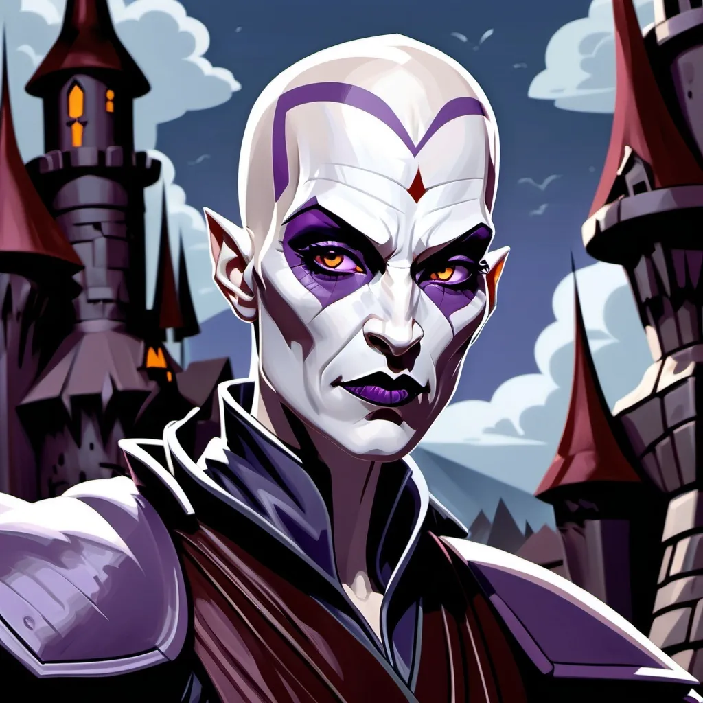 Prompt: asajj ventress (COMPLETELY BALD! PALE AND PALLID SKIN!), by Genndy Tartakovsky, full body dynamic pose, ephemeral, intricate, body builder, hyperdetailed, dressed in purple and white, light purple eyes, Dark purple lipstick, unchaste and hot-blooded expression, mischievous, arrogant, dracula's castle background. 32K resolution, molecular precision, ultra sharp focus.