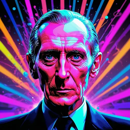 Prompt: Bold neon colors, mechanical-style illustration depicting Grand Moff Tarkin experiencing hallucinations, in a psychedelic state, splash art with splattered neon colors, (iridescent glowing smoke) ((motion effects)), best quality, wallpaper art, Ultra HD, centered image, MSchiffer art, ((flat colors)), (cartoon style) with very bold neon colors, ((high saturation)) ink lines, psychedelic environment. Close-up angle, with blurred, high-speed moments around her, as if time were frozen. 32k resolution, molecular precision, ultra sharp focus.