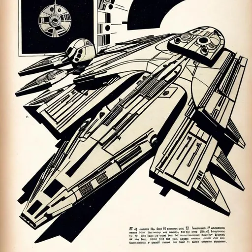 Prompt: Early 1930s retrofusion Magazine Illustration. Star Wars spaceship symmetrical design. Stormtrooper