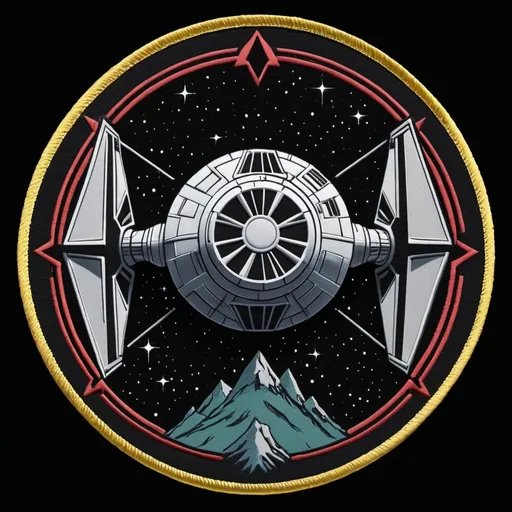 Prompt: Vintage 1970's era patch sigil, vector illustration featuring Darth Vader emblazoned with a TIE Fighter motif, demolishing a city within a perfectly radial-symmetrical, triangle-shaped sigil, limited to four colors, incorporating expressive half-toning against a black background evocative of horror pulp comics, framed by an ominous esoteric backdrop of a forest and galaxy, 32k resolution, molecular precision, ultra sharp focus.