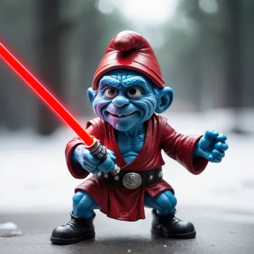 Prompt: "A close-in cinematic film still of an aggressive and agitated Papa Smurf wearing sith armor, wielding a red lightsaber."
Weight:1  

"HDR, tilt shift, clear ice, rich detail, hyper-detail, insanely detailed, photorealistic, 64 Megapixels, shot on DSLR, sharp focus, bokeh, 32k resolution, molecular precision."
Weight:0.9