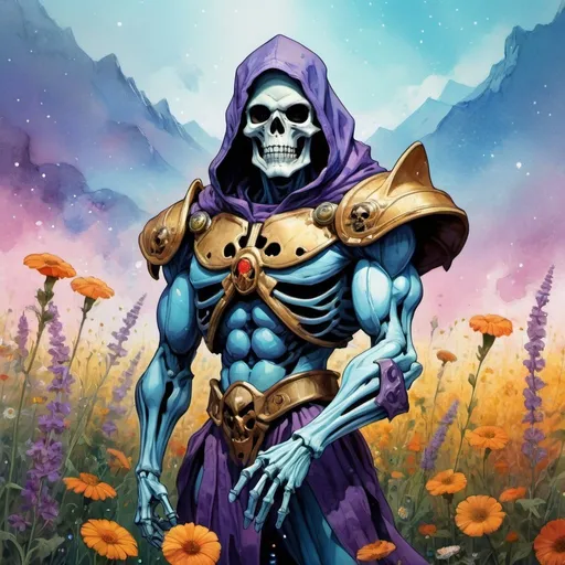 Prompt: Landscape masterpiece Skeletor portrait anime realism “the words ‘poem incoming’ over flowery field!!”, watercolor, colorful sparkling background, Yoshikata Amano, Andy Kehoe, Ismail Inceoglu, Russ Mills, Victo Ngai, Bella Kotak, hyperdetailed, 32k resolution, molecular precision, HDR DSLR, ultra detailed, ultra quality, CGSociety, intricately detailed, color depth