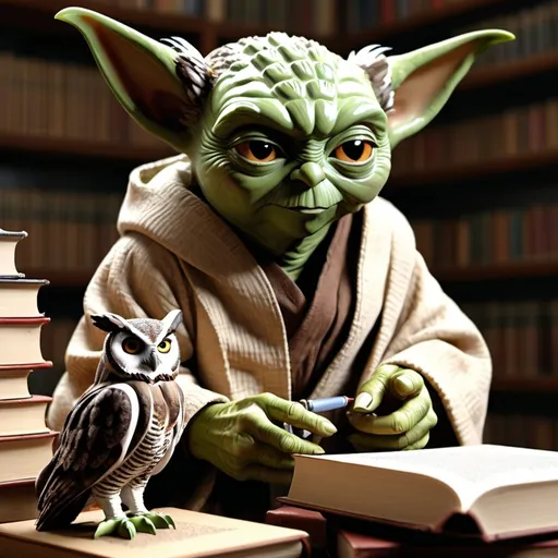 Prompt: (Yoda:1.7) sitting with a stack of books and speaking to (a great horned owl:1.7) in a library. 32k resolution, molecular precision, ultra sharp focus. Dutch Angle, specialistdark templar, dynamic pose, dynamic angle, detailed background, designed, flecked pneumatic magma, artistic, 32k resolution, molecular precision, ultra sharp focus.