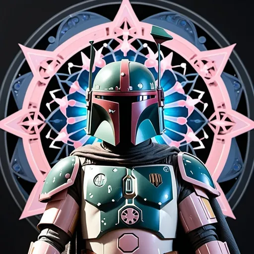 Prompt: Boba Fett who is growing from an eight pointed star in the center, growing like a biomechanical organism, pale pink, black and metallic silver, like a living organism, shining bright, growing in symmetrical designs and arabesques, adorned with blue lights, digital art, masterpiece, highly detailed, 3d modeling, abstract art, digital art, photographic, 32k resolution, molecular precision, ultra sharp focus.

