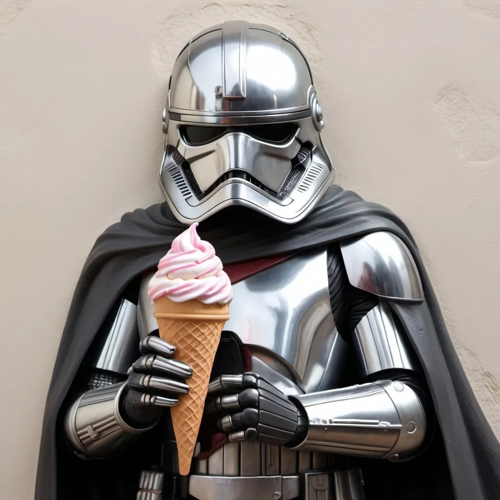 Prompt: Bas-relief of Captain Phasma holding an ice cream cone, 32k resolution, molecular precision, ultra sharp focus.