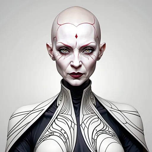 Prompt: "Asajj Ventress with pallid white skin, completely bald with a pallid white skin head, wearing modern clothes. white background."
Weight:1   

"abstract vector fractal, wave function, Zentangle, 3d shading, 32k resolution."
Weight:0.9