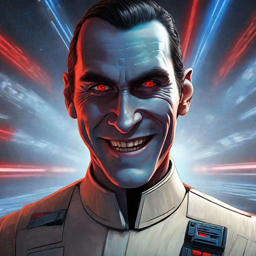 Prompt: A happy, energetic professional portrait of star wars thrawn with a big happy smile, red eyes, looking straight into the camera, death star background, photorealistic, volumetric lighting, full color, hyperdetailed